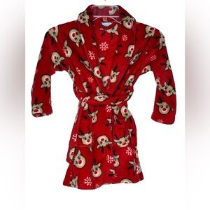 Lightning Bug Red Reindeer Snowflake Toddler Girls XS 4/5 Robe With Belt‎